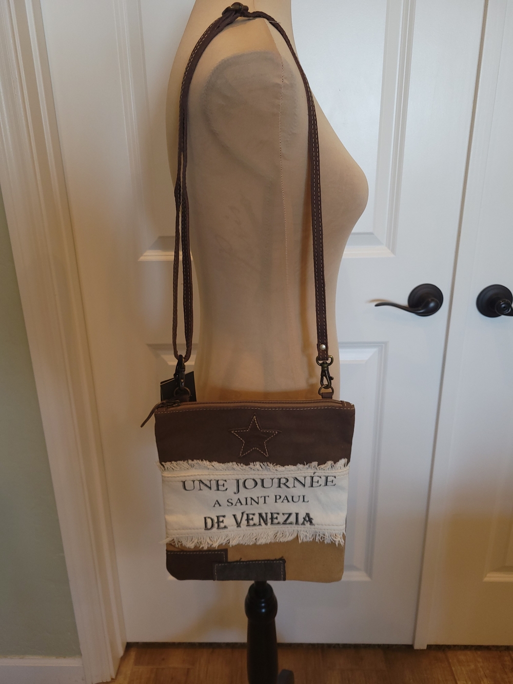 Myra Bag Brown Tan Canvas Crossbody with White Fringe and Star